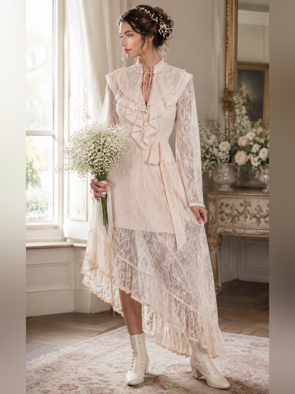 AFRM Lace Kaftan Dress Ivory Victorian Asymmetrical Hem Wedding Dress Sz XL Boho - Picture 3 of 16